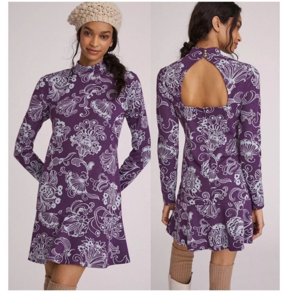 Anthropologie Mock Neck Long Sleeve Mini Dress Purple Floral Flounced size XS